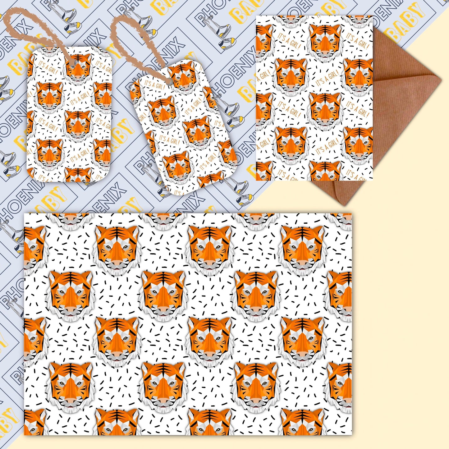 Tiger Wrapping Paper // It's a girl gift wrap, Tiger gift wrap, Tiger gift tags, Tiger card, Tiger wrapping set, Tiger baby gift ideas