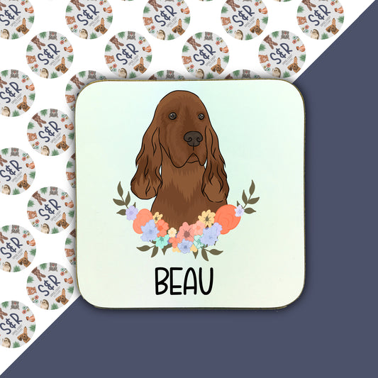 A square coaster with a illustration of an Irish Setter dog surrounded by a floral pattern.