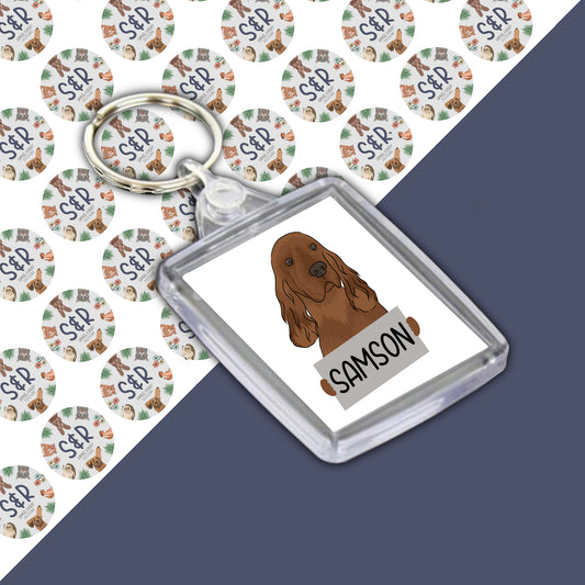 A personalised keyring featuring an image of an Irish Setter dog, placed in a clear acrylic casing.