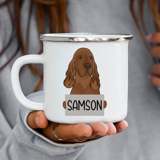 A white enamel mug with a printed image of an Irish Setter dog, accompanied by the text 'Samson'.