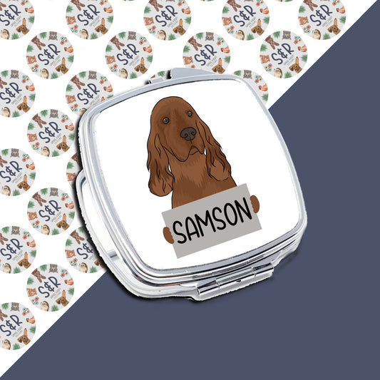 A compact mirror with an image of an Irish Setter dog and the name 'Samson' printed on the front.