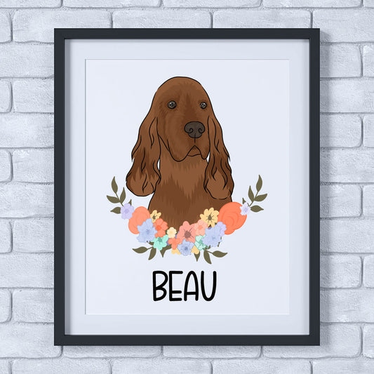 A framed personalised dog print featuring an illustration of an Irish Setter dog with a floral pattern around it, on a white background.