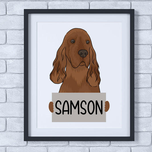 A framed poster of an Irish Setter dog with the text 'Samson' on a sign it is holding.