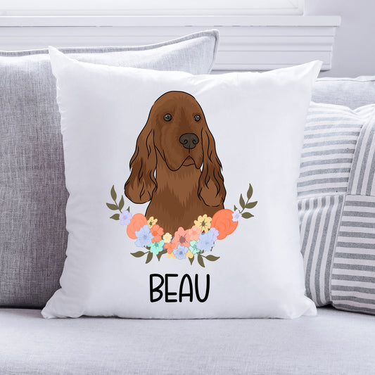 A square-shaped cushion featuring an illustration of an Irish Setter dog with a floral pattern around it. The cushion has the text 'BEAU' on it, which is a personalised option.