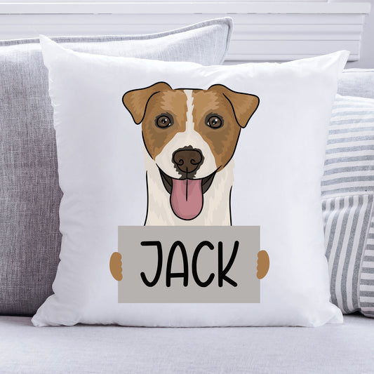 A square-shaped white cushion with a printed image of a Jack Russell dog and the text 'JACK' on a removable cover.