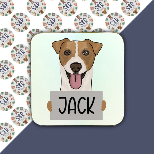 A personalised square coaster with an illustration of a Jack Russell dog on it, with the name 'Jack' below the image.