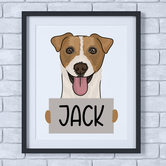 An illustration of a Jack Russell dog with a sign that reads 'JACK', surrounded by a white border, presented in a simple, child-friendly style.