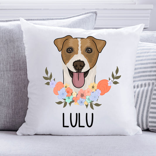 A square-shaped cushion featuring an illustration of a Jack Russell dog with a floral wreath and the name 'Lulu' printed on it.