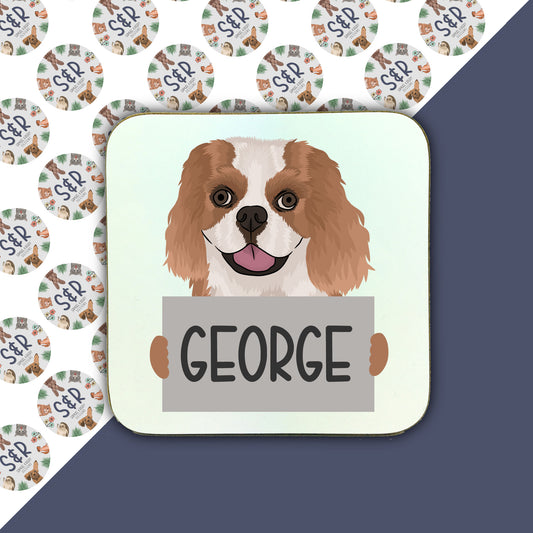 A square coaster with an illustration of a dog and the name 'George' printed on it, with a background of repeating the same image.