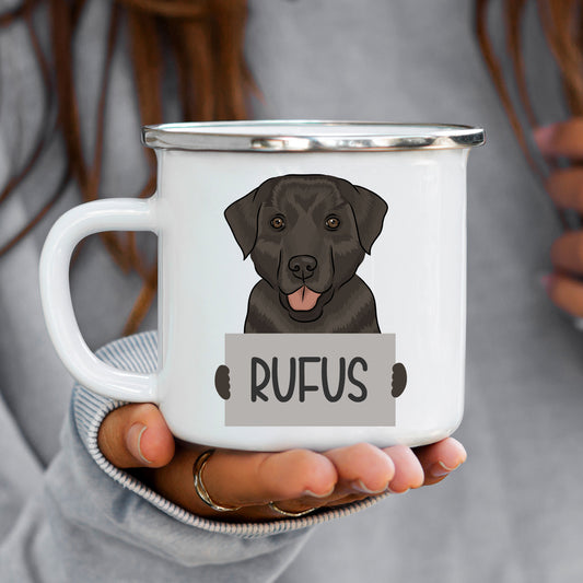 A white enamel mug with a black illustration of a Labrador dog and the name 'Rufus' below it.
