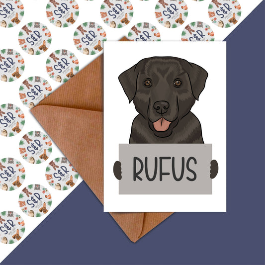 A handmade Labrador birthday card with an illustration of a dog on the front, paired with a brown manilla envelope.