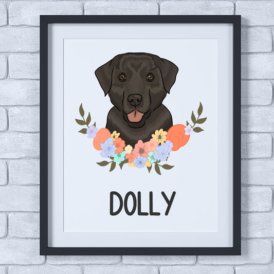 A personalised dog print featuring an illustration of a black Labrador dog with a flower arrangement and the name 'Dolly' below it.