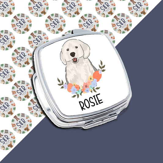 A personalised compact mirror with a sheepdog illustration and a floral pattern on the cover, with the name 'ROSIE' printed on the front.
