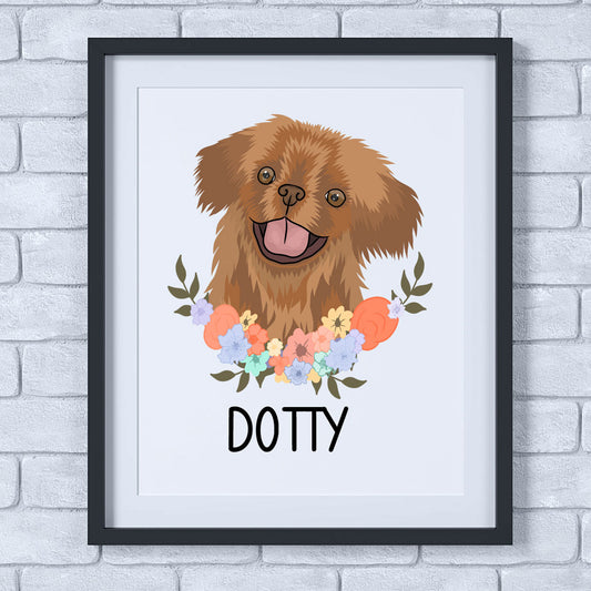 A personalised dog print featuring an illustration of a Pekingese dog with a floral wreath and the word 'Dotty' below it.