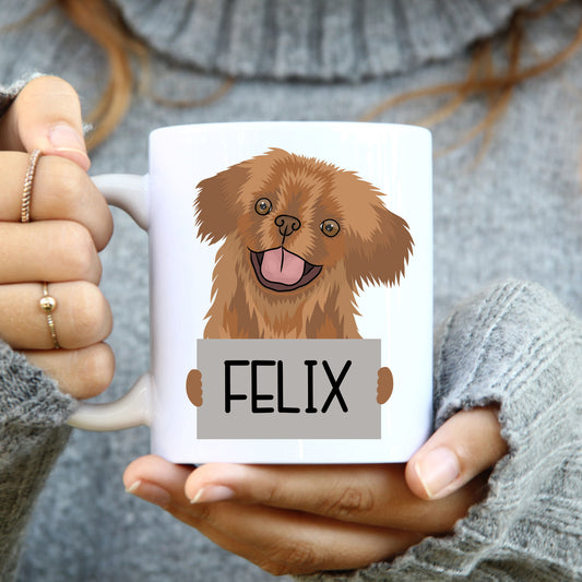A coffee mug featuring a colorful illustration of a Pekingese dog with a humorous caption.