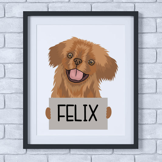 An illustration of a Pekingese dog with a sign that reads 'Felix', enclosed in a square frame.