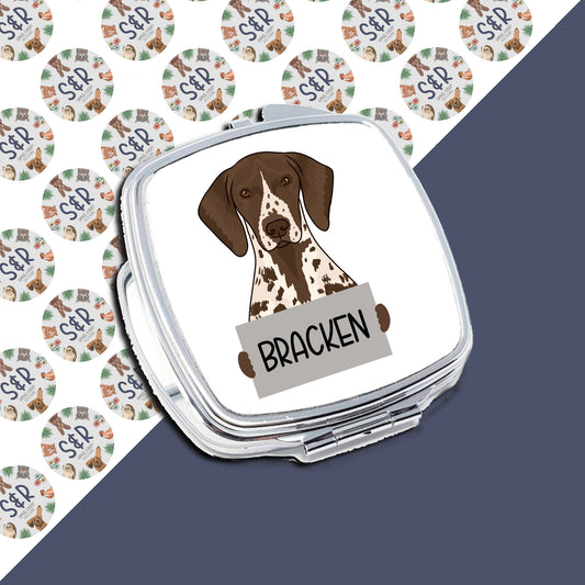 A compact mirror with a sublimated design of a pointer dog breed, with the name 'Bracken' printed on the front.
