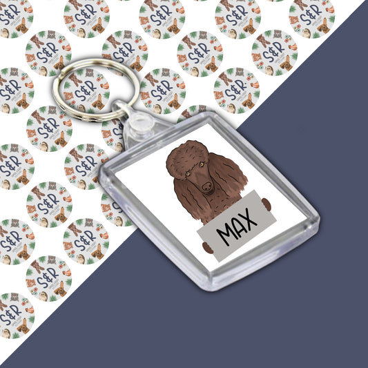 A clear acrylic keyring with a double-sided design featuring an illustration of a poodle dog on the front and the name 'Max' printed on it.