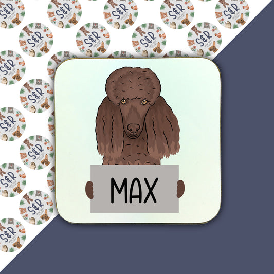 A square coaster with a personalised message space, featuring an illustration of a poodle dog. The background is white with a pattern of other coasters and text elements.