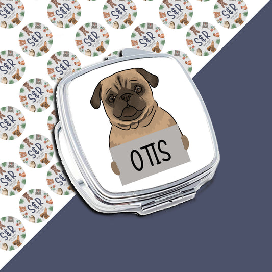 A personalised compact mirror with an image of a pug dog and the name Otis.