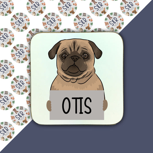 A square coaster with a cartoon illustration of a Pug dog in the center with the name 'Otis' below it.