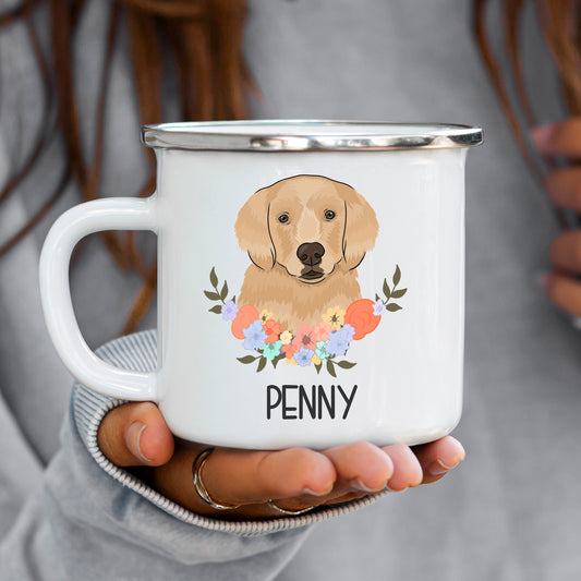 A white enamel mug with a printed image of a Golden Retriever dog surrounded by a floral pattern.