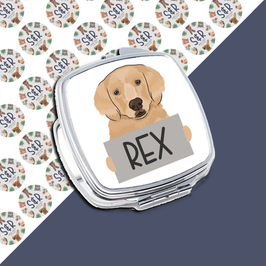 A personalised compact mirror featuring an illustration of a Golden Retriever dog with the name 'Rex' printed on the front.