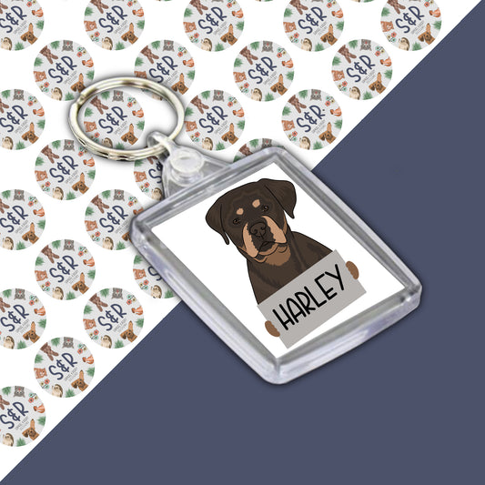 A personalised keyring featuring a double-sided image of a Rottweiler dog within a clear acrylic casing, on a branded Samuel & Rigby designs backing card.