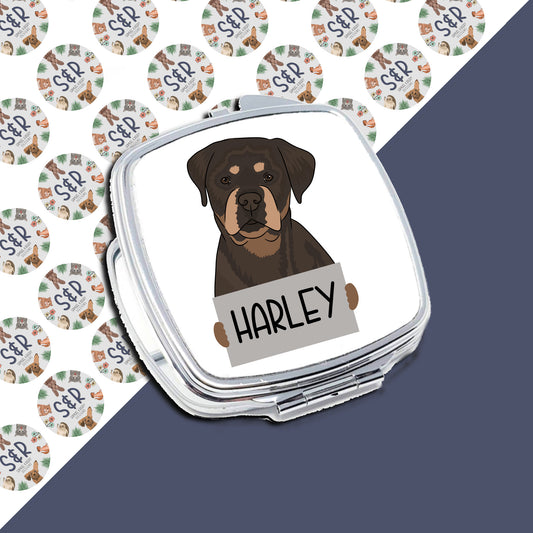 A personalised compact mirror with a sublimated image of a Rottweiler dog and the name 'Harley' printed on the front.
