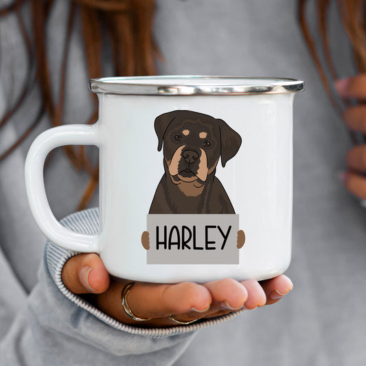 A white enamel mug with a black and brown rottweiler dog illustration and the name 'Harley' printed on the front.