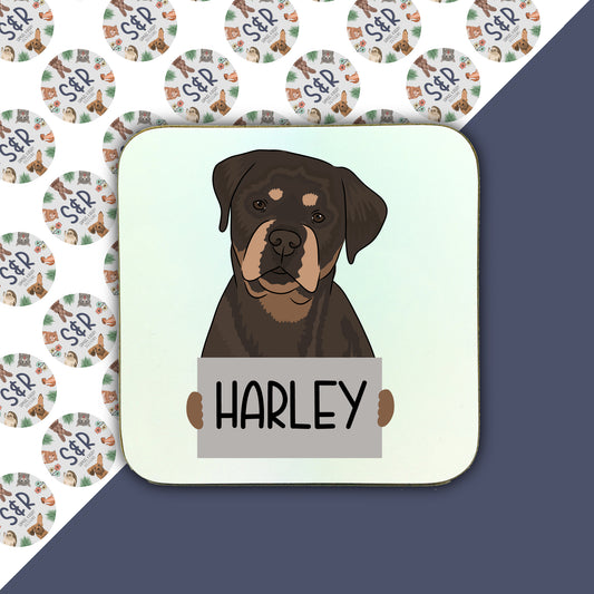 A square coaster with an illustration of a Rottweiler dog at the centre, with the name 'Harley' below the image.