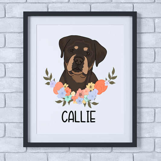 A personalised dog print featuring an illustration of a Rottweiler dog with a floral pattern around it, on a white background, with the name 'Callie' printed at the bottom.