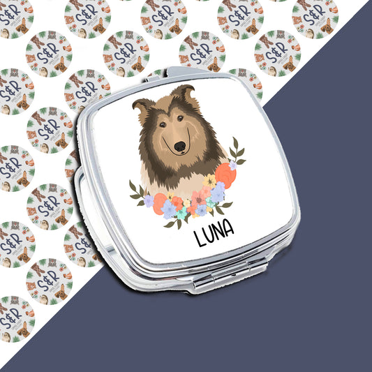 A personalised compact mirror with a sublimated image of a Rough Collie dog breed on the front, with the name 'LUNA' printed below the image.