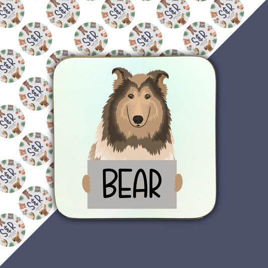 A square coaster with an illustration of a Rough Collie dog breed, with the word 'BEAR' below the image.