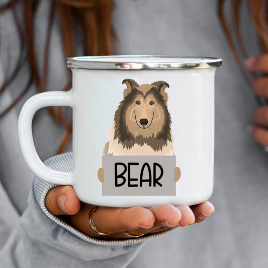 A white enamel mug with a printed image of a Rough Collie dog breed and the word 'BEAR' below it.