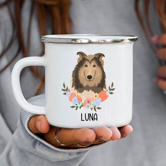 A white enamel mug with a printed image of a Rough Collie dog breed, surrounded by a floral pattern, with the name 'LUNA' inscribed at the bottom.