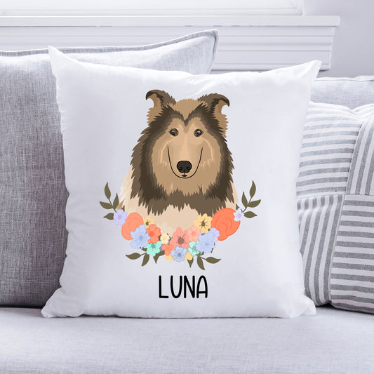 A square-shaped cushion featuring an illustration of a Rough Collie dog with a floral pattern in the background.