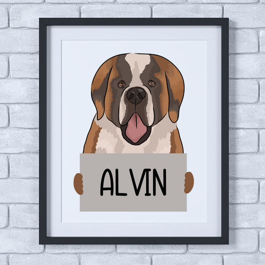 A framed poster of a Saint Bernard dog with the name 'Alvin' printed at the bottom, hung on a wall.