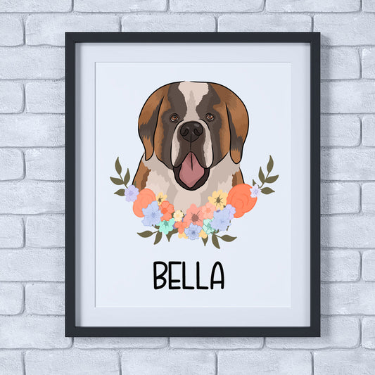 A personalised dog print featuring an illustration of a Saint Bernard dog with a floral wreath around it, on a white background, with the name 'Bella' printed at the bottom.