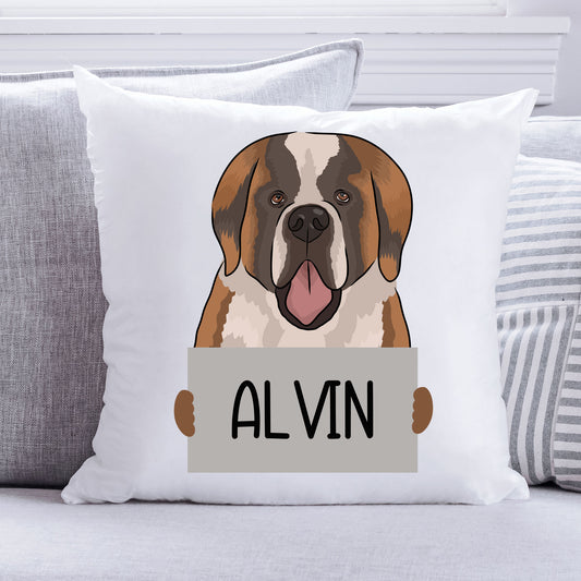 A personalised cushion featuring an illustration of a Saint Bernard dog with the name 'Alvin' printed on it, on a white background.