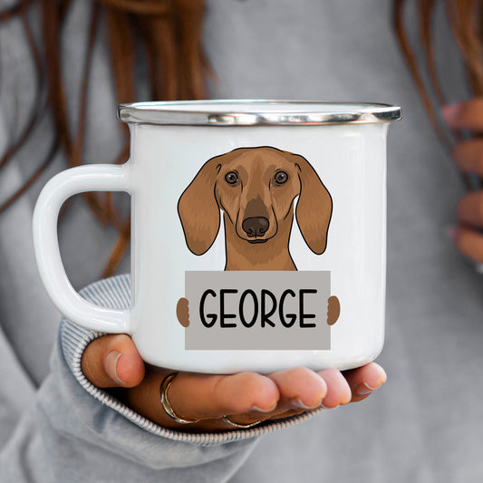 A white ceramic enamel mug with a graphic of a dachshund dog and the name 'George' printed on it.