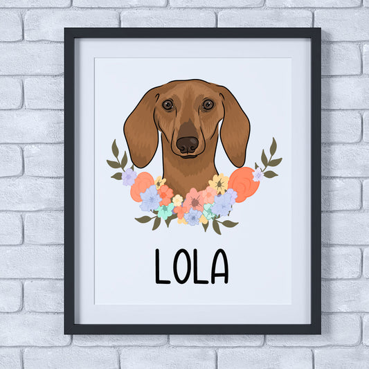 A personalised dog print featuring an illustration of a sausage-shaped dog with a floral wreath in a white frame.