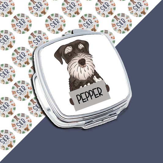 A compact mirror with a sublimated design of a Schnauzer dog on the front, labeled with the name 'Pepper'.