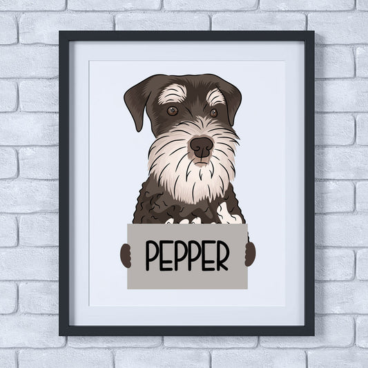 A colourful illustration of a Schnauzer dog with a sign that reads 'PEPPER', framed in a black square-shaped enclosure.