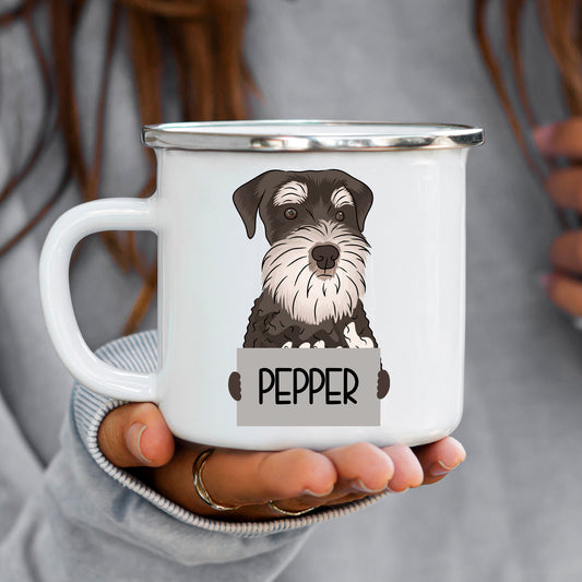 A white enamel mug with a graphic of a Schnauzer dog and the name 'Pepper' on the handle.