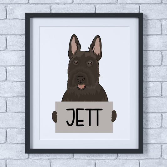 A cute illustration of a Scottish Terrier dog with a sign that reads 'JETT', framed in a black square-shaped enclosure.