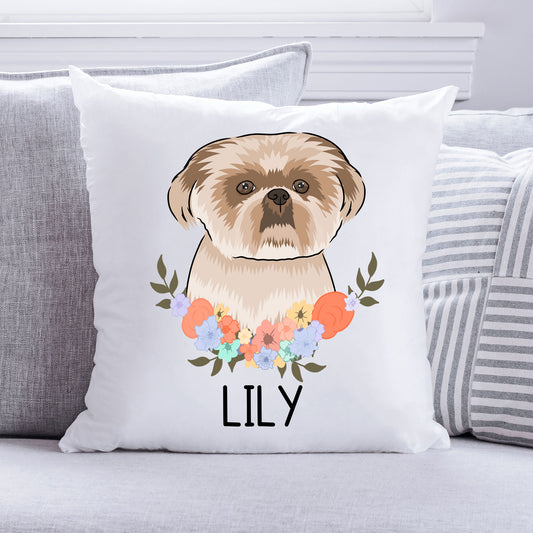 A square-shaped cushion with a personalised design of a Shih Tzu dog printed on it, accompanied by a floral pattern around the border.
