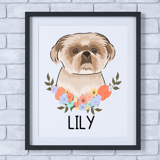 A personalised dog print featuring an illustration of a Shih Tzu dog with a floral wreath and the name 'Lily' below it.