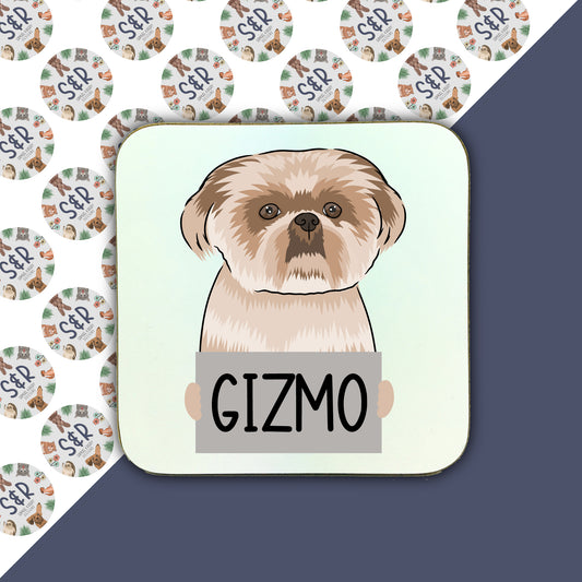 A personalised square coaster with an illustration of a Shih Tzu dog, with the text 'Gizmo' at the bottom.