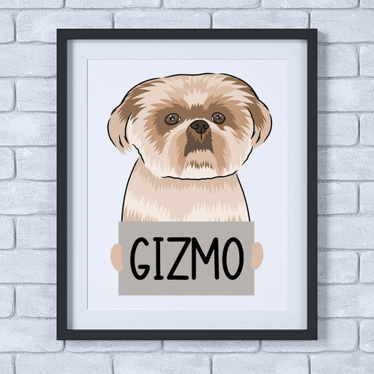 A framed poster of a Shih Tzu dog with the text 'Gizmo' at the bottom, displayed on a wall.